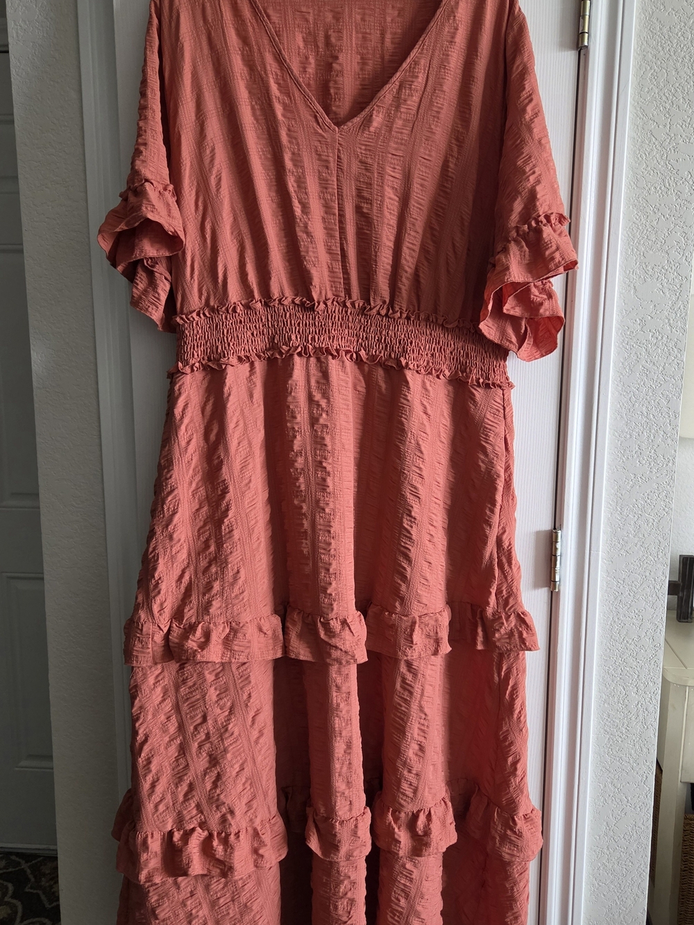 BloomChic Coral Ruffle Tiered Maxi Dress